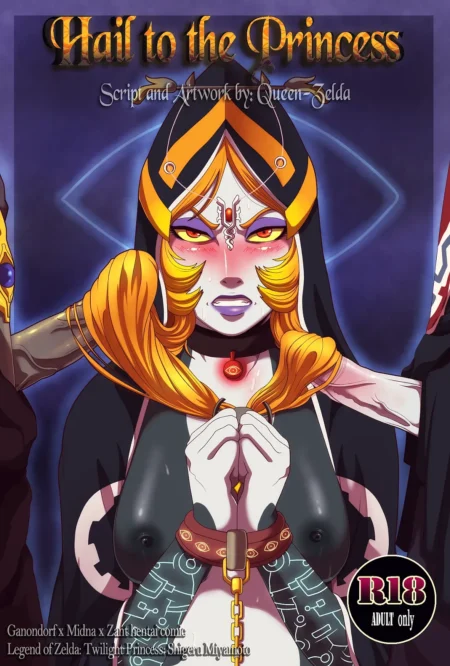 Zelda encadenada y semidesnuda con túnica negra y capucha, pechos expuestos y expresión excitada en arte NSFW erótico.