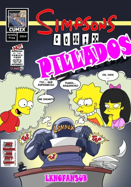 Portada de cómic de Los Simpsons con Bart, Lisa y Maggie observando a Lennox escribiendo contenido erótico explícito.