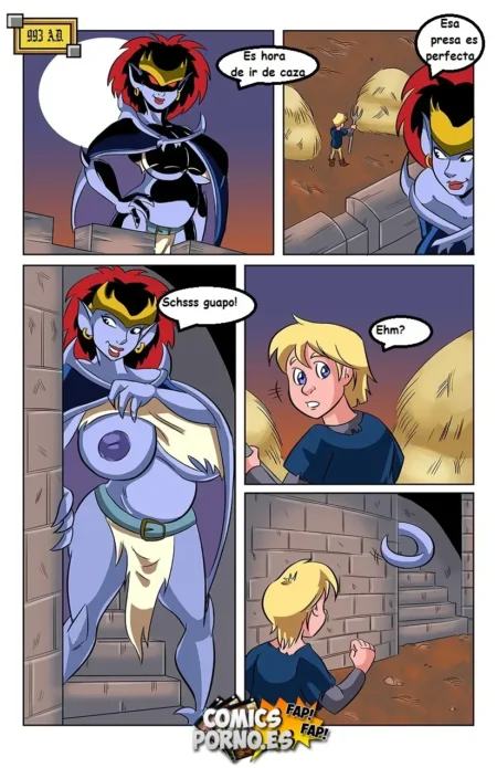 Mujer azul sexy con pechos grandes y pezones expuestos seduce a un joven rubio en un cómic erótico medieval.