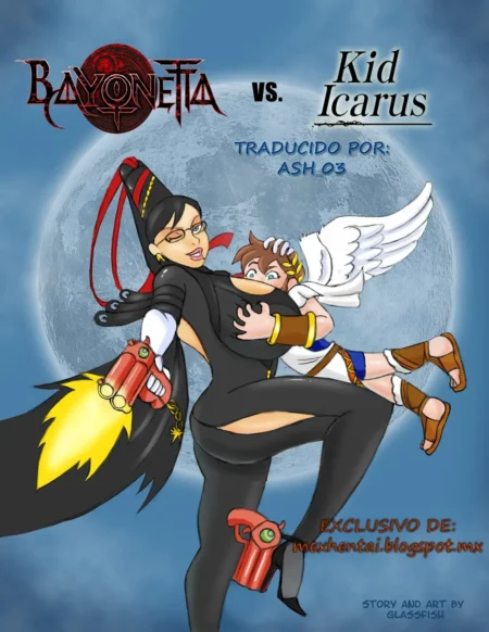 Bayonetta dispara sus armas mientras Pit acaricia y aprieta sus pechos grandes con deseo en este fanart erótico.