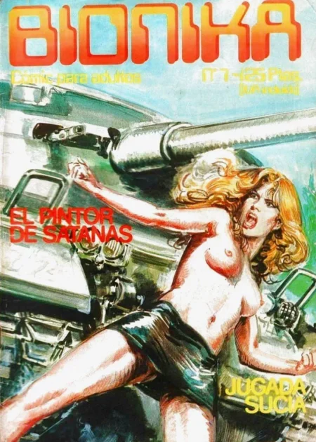 Portada de cómic Bionika con mujer rubia desnuda de pecho y minifalda negra gritando frente a un tanque militar.