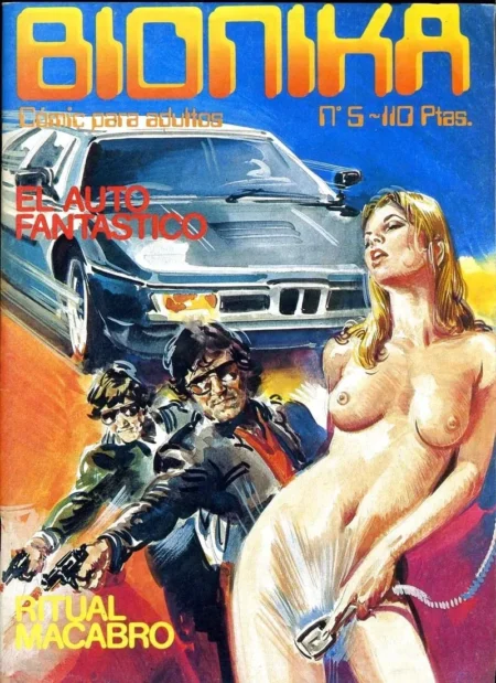 Portada de Bionika Vol.5 con mujer desnuda masturbándose con vibrador, coche negro y dos hombres armados.