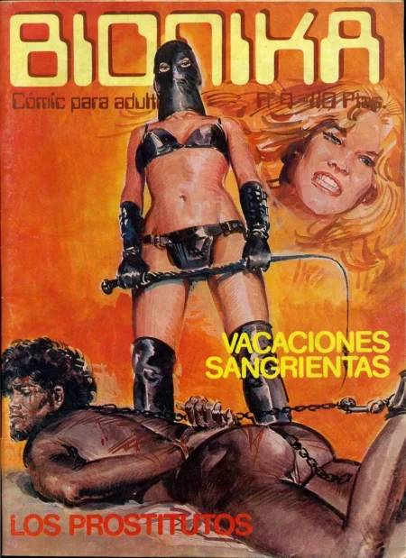 Portada de cómic Bionika con dominatriz encapuchada en lencería negra azotando a un hombre encadenado y desnudo.