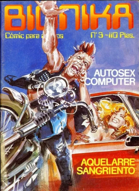 Portada de cómic Bionika con hombre musculoso y mujer rubia excitada en coche rojo, título Autosex Computer y contenido erótico.