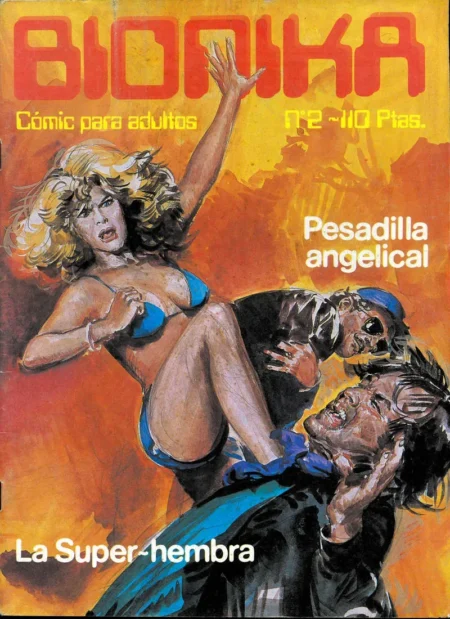 Portada de cómic Bionika con mujer rubia en bikini azul excitando a dos hombres mientras uno la toca sexualmente.