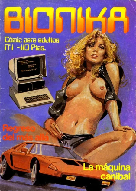 Portada de cómic Bionika con mujer rubia semidesnuda, pechos expuestos, ropa interior negra, coche rojo y ordenador antiguo.