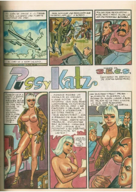 Cómic de Pussy Katz, Agente de Secs, rubia con pechos desnudos y ropa interior sexy posando en ropa interior marrón.