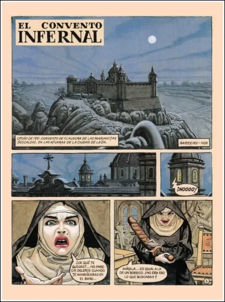 Cómic El Convento Infernal con monjas sadistas, una expresión de dolor y un dildo gigante de madera para tortura sexual.