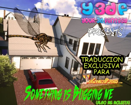 Libreta erótica de Something is Bugging Me con una libélula gigante sobre una casa y un coche rojo.