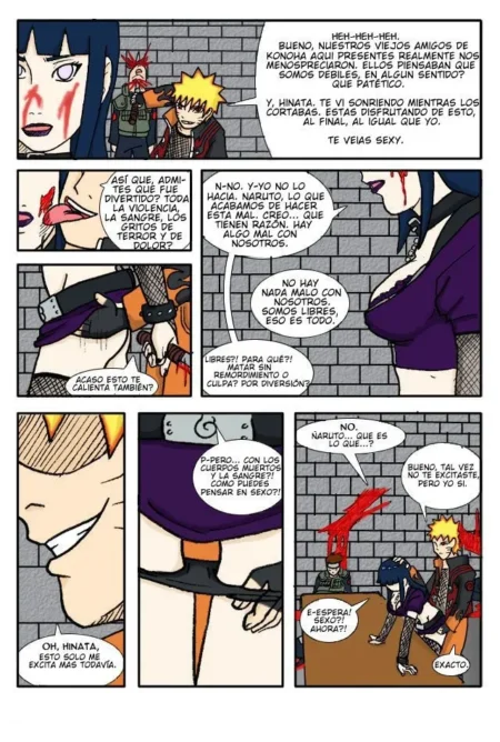 Naruto y Hinata sadistas desnudos y excitados entre cadáveres sangre y violencia en un cómic erótico de Dark Change.