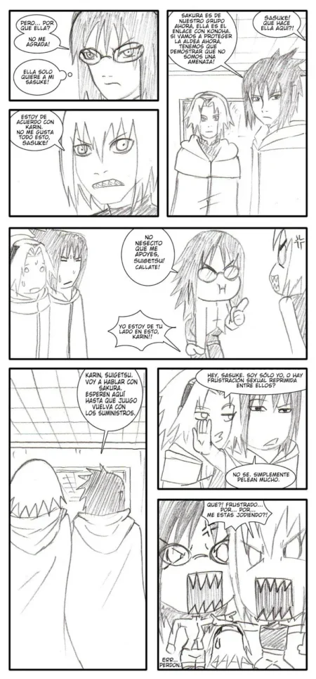 Cómic erótico de Naruto con Sasuke, Sakura, Karin y Suigetsu discutiendo sobre sexo y frustración sexual reprimida.