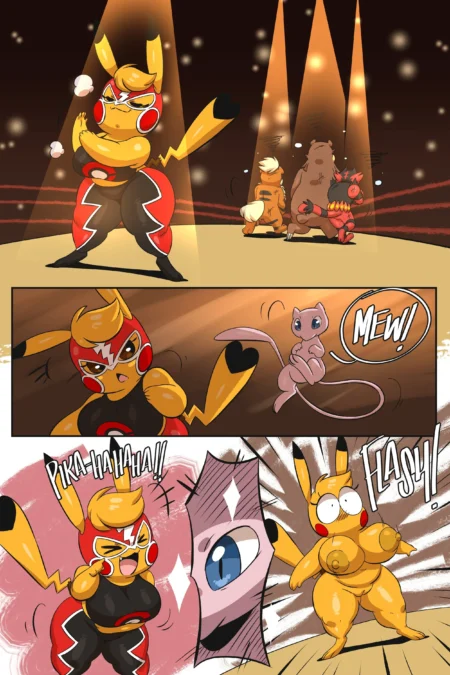 Pikachu antropomórfica con pechos grandes y traje ajustado riendo mientras Mew la mira en un ring de lucha libre.