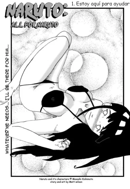 Hinata Hyuga recostada en lencería negra provocativa con pechos grandes y expuestos en el doujinshi All For Naruto.