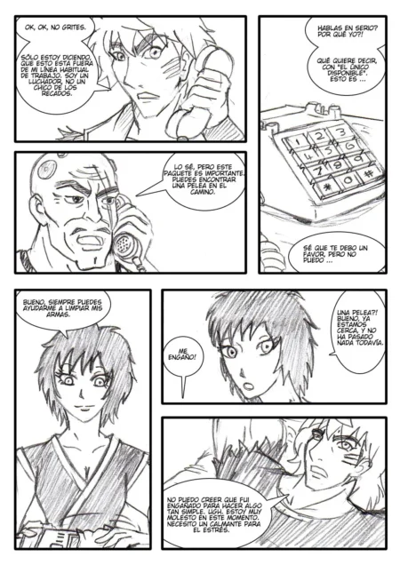 Página de manga con personajes hablando por teléfono y una mujer joven en ropa interior blanca.