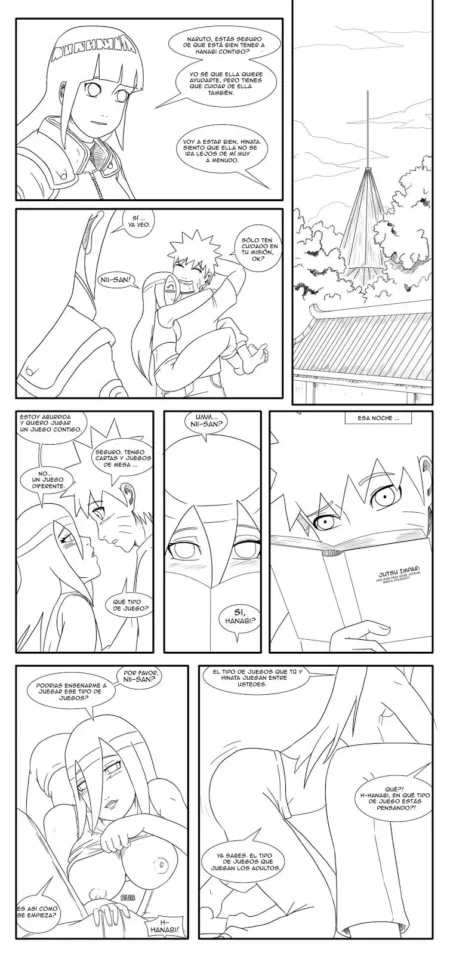 Página de manga erótico de Naruto con Hinata seduciendo a Naruto para jugar juegos sexuales explícitos.