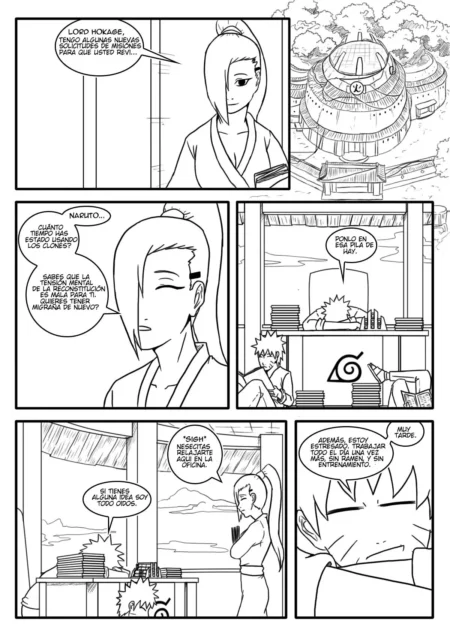 Naruto estresado en su oficina con Tsunade antes de iniciar una sesión de terapia sexual intensa y explícita.