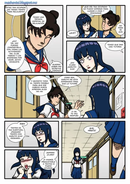 Hinata y Naruto conversan en la escuela sobre técnicas de relajación antes de una tutoría sexual privada.