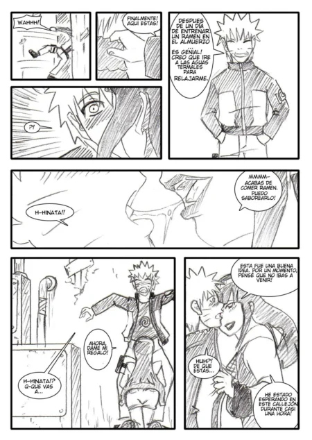 Naruto y Hinata se besan apasionadamente en un cómic erótico mientras ella lo abraza con deseo en la calle.
