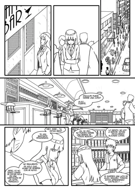 Página de manga Naruhina con Hinata triste en un bar siendo atendida por Naruto antes de tener sexo intenso.