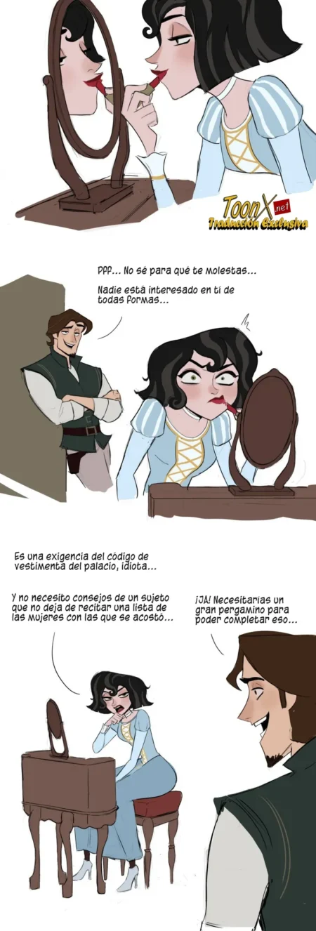 Cómic de Cassandra maquillándose mientras discute con un hombre antes de un encuentro sexual explícito en el palacio.