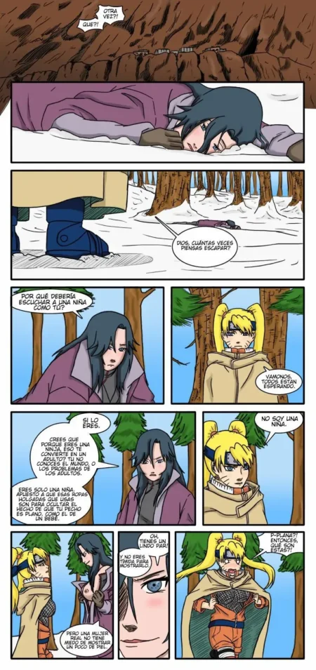 Página de cómic con Naruto y Hinata en la nieve discutiendo antes de tener sexo explícito y desenfrenado.