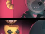 Furry de Aggretsuko desnuda con cola rayada y pezones marcados siendo observada por un personaje masculino.