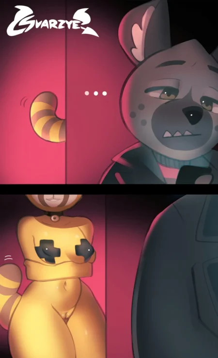 Furry de Aggretsuko desnuda con cola rayada y pezones marcados siendo observada por un personaje masculino.