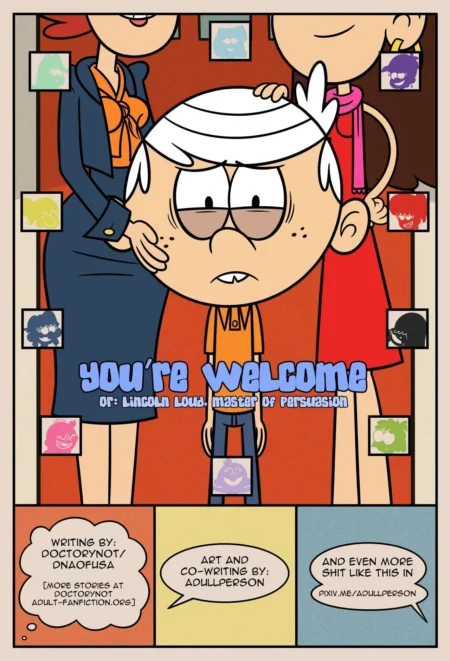 Lincoln Loud rodeado de mujeres adultas en el póster erótico de You're Welcome con sugerencias de sexo y fetiches.