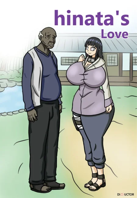 Hinata con pechos gigantes y collar de sumisión junto a un hombre calvo y robusto en Hinata's Love de Dibuctor.