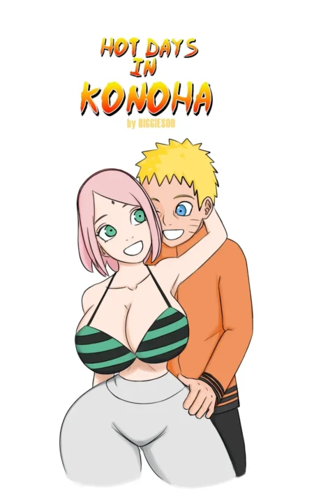 Naruto abraza por detrás a Sakura que luce un bikini verde y negro resaltando sus pechos grandes y glúteos voluminosos.