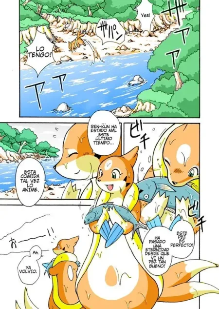 Dos foxes antropomórficas con pechos grandes y glúteos prominentes sostienen peces junto a un río en un bosque.