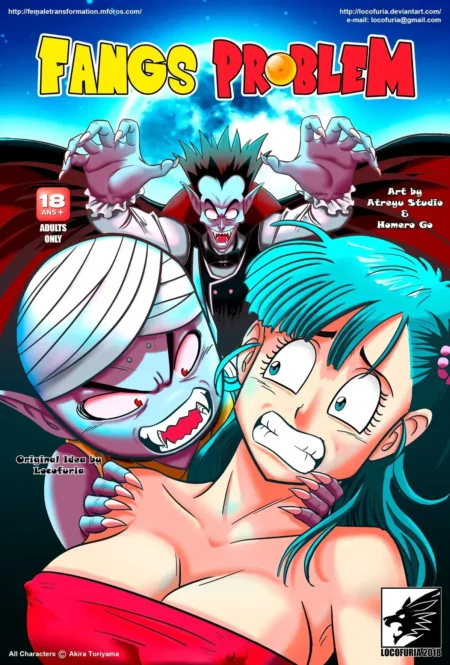 Mujer de pelo azul excitada mientras un vampiro y un monstruo muerden sus pechos y cuello en Fang's Problem.