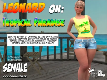 Mujer rubia con camiseta amarilla y shorts cortos ajustados resaltando sus glúteos y muslos en un muelle tropical.
