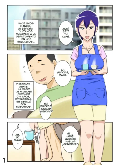 Mujer joven de pelo morado y delantal azul sirviendo café a un hombre mientras conversa en el apartamento.
