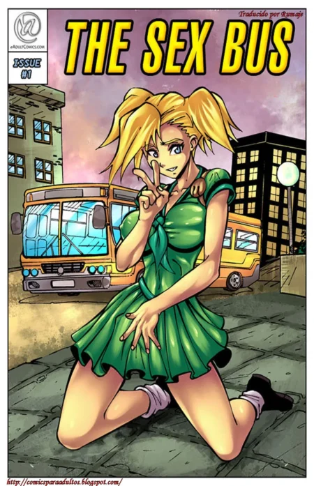 Chica anime rubia con minifalda verde corta y escote posando frente a un autobús escolar en portada de cómic erótico.
