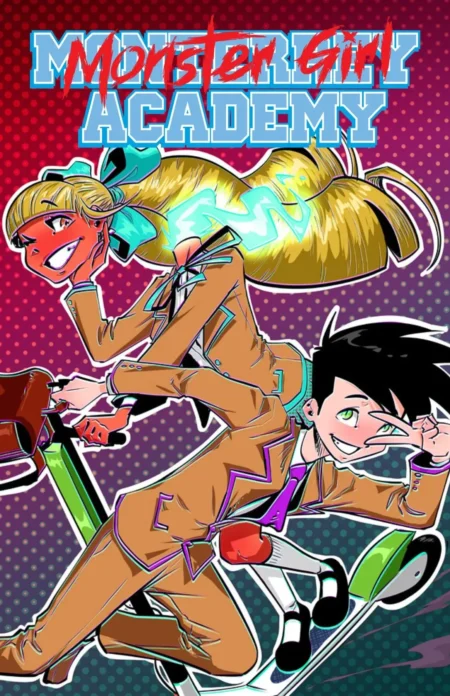 Dos estudiantes de Monster Girl Academy en actitud sugerente sobre un patinete con ropa escolar ajustada y poses eróticas.