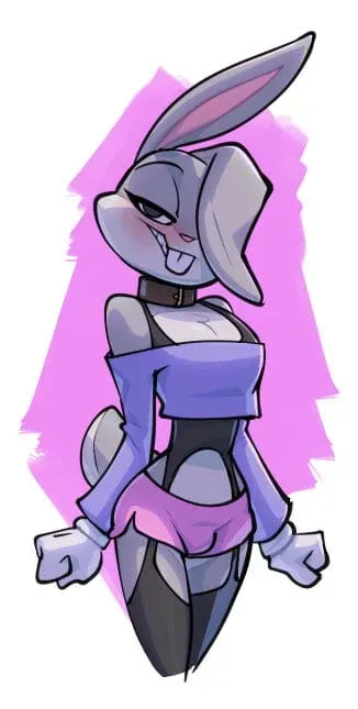 Bugs Bunny femboy con pechos, top corto morado, collar y bragas rosas ajustadas resaltando su vulva.