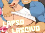 Hombre musculoso abraza y excita a un lobo antropomorfo con gafas, levantando su camiseta sobre sus pectorios definidos.