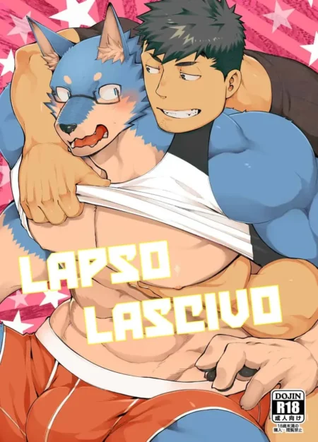 Hombre musculoso abraza y excita a un lobo antropomorfo con gafas, levantando su camiseta sobre sus pectorios definidos.