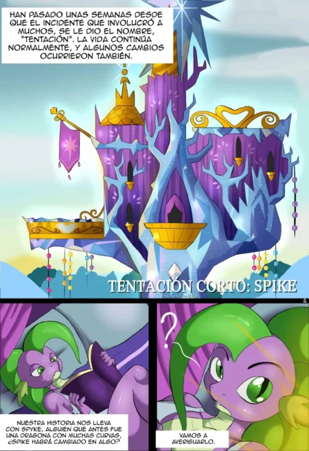 Cómic de Spike el dragón erótico en un castillo púrpura con insinuaciones sexuales y cuerpo curvilíneo.