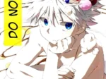 Killua desnudo con postres en el cabello posando eróticamente para el fanbook sexual Tabete Wa Ikenai Do Not Eat.
