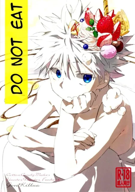 Killua desnudo con postres en el cabello posando eróticamente para el fanbook sexual Tabete Wa Ikenai Do Not Eat.