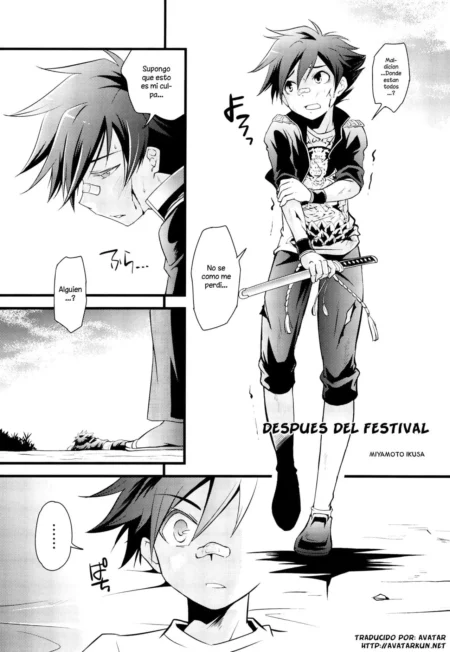 Joven con katana y ropa rasgada, expresión triste y mirada perdida tras el festival en manga de Miyamoto Ikusa.