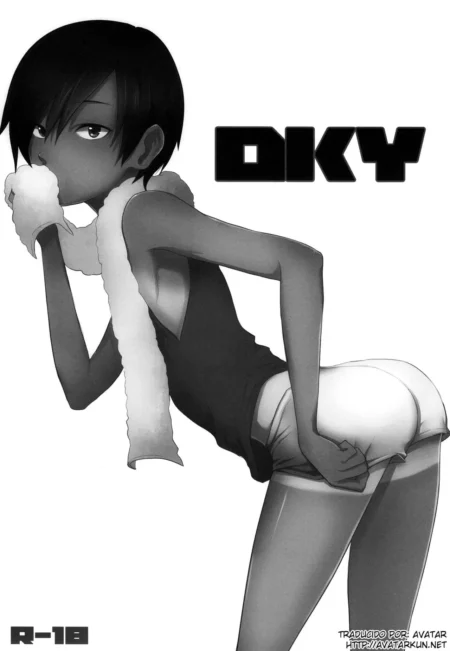 Tsukuru de Dky con leotardo negro y bufanda blanca arqueando el trasero mientras se toca las nalgas con la mano.