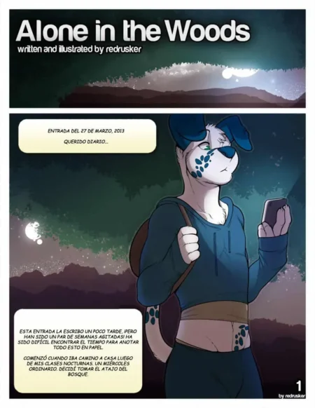 Antropomorfo canino azul con manchas y sudadera sostiene un celular en el bosque, inicio de Alone in the Woods Yaoi.