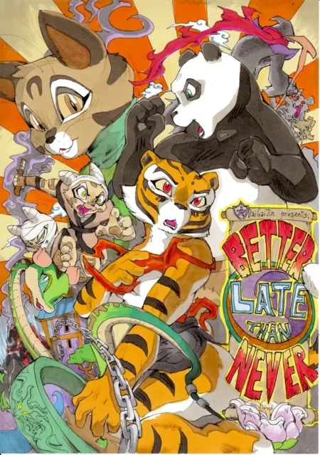 Antropomorfos tigre, panda y gato en pose erótica con el título Better Late Than Never de Daigaijin.