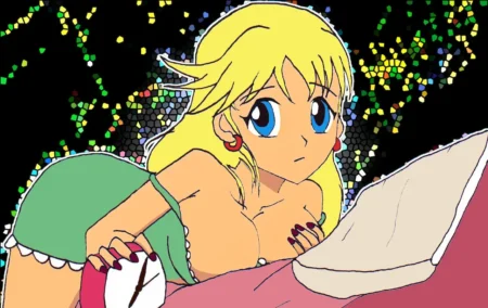 Leni Loud rubia con vestido verde corto y senos expuestos recostada en cama mientras Lincoln la penetra por detrás.