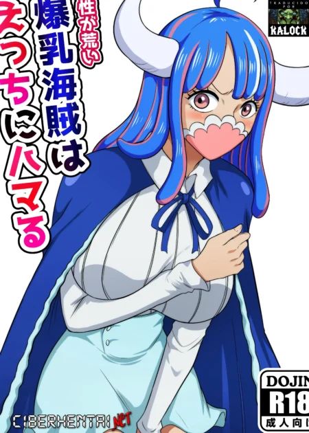 Pirata de cabello azul y cuernos con pechos enormes, capa azul y falda blanca en pose sugerente y excitada.