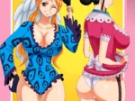 Nami y Nico Robin con trajes provocativos, escotes profundos y medias de red en el doujin One Gold Piece For Sex.