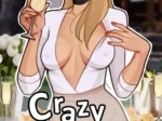 Rubia Gwen de Crazy Corporate con escote pronunciado, minifalda ajustada y copa de champán en fiesta corporativa.